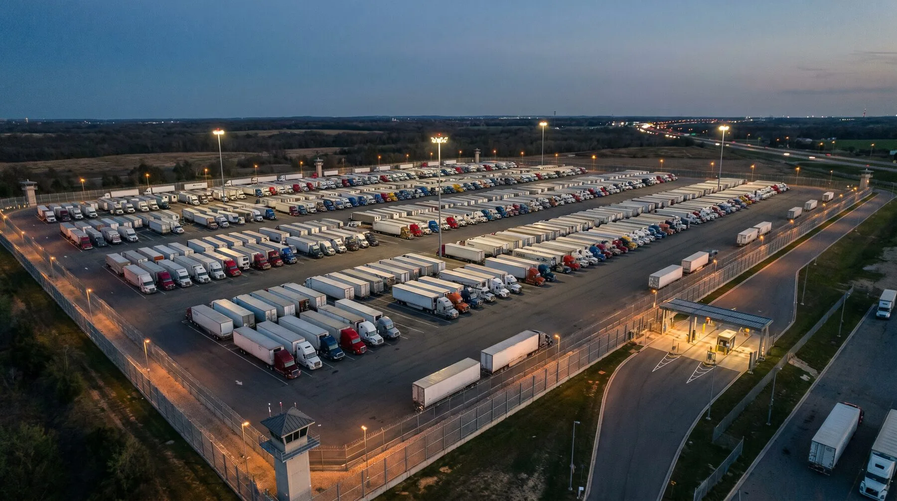 Aerial view of RT Group's secure paved truck yard near I-94 in Zion, IL